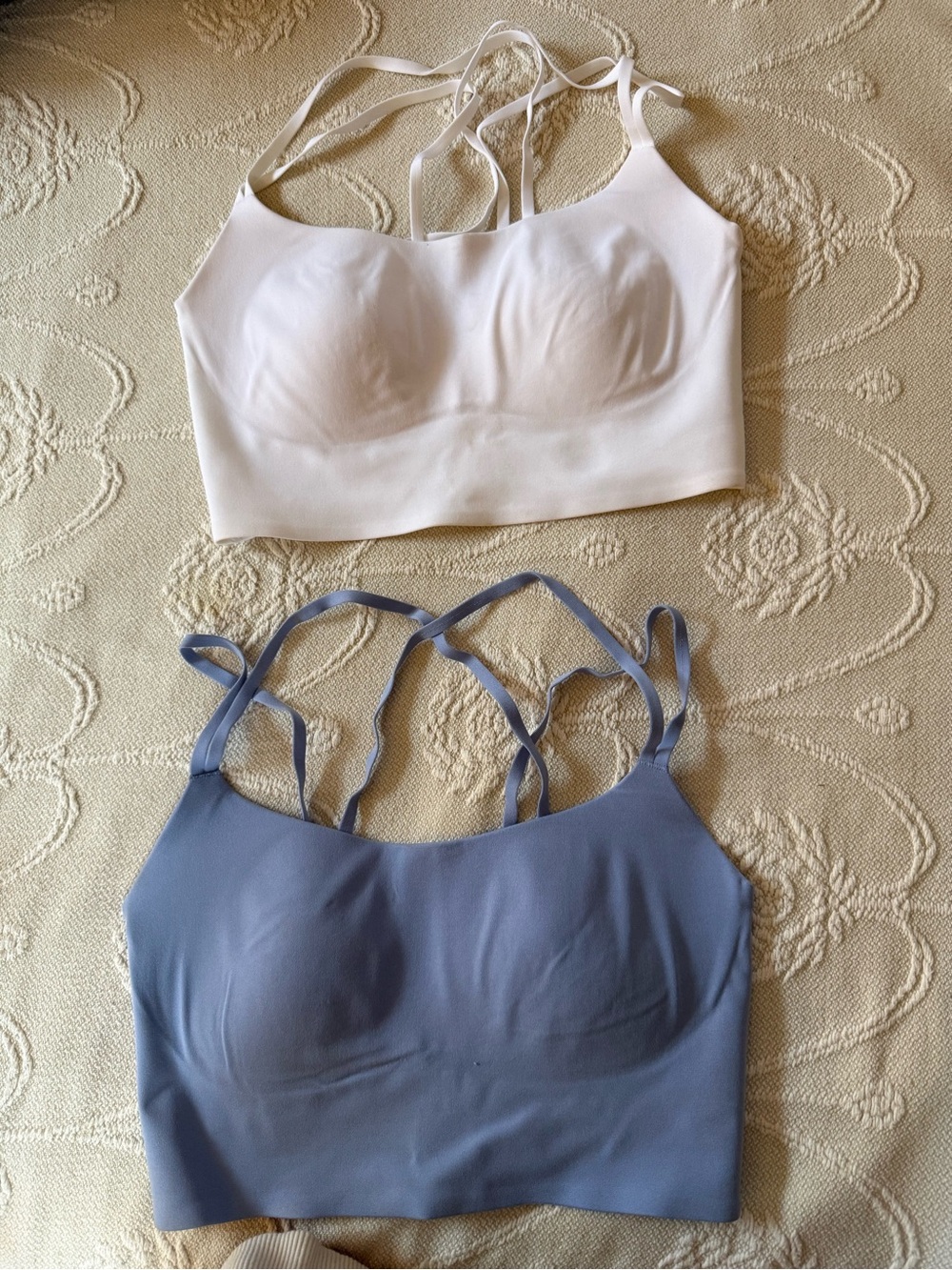 Aerie Long-line Bras in White & Dusty Blue